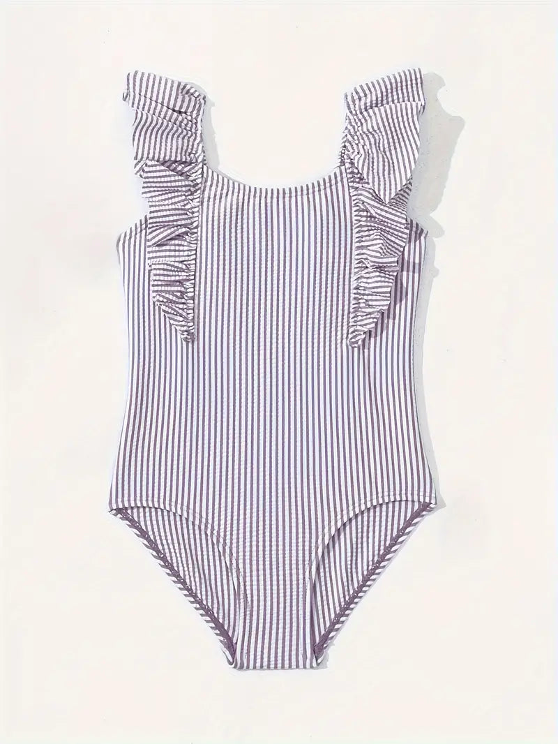 CAYUCOS Girls' Striped Swimsuit with Ruffle Shoulder Strap